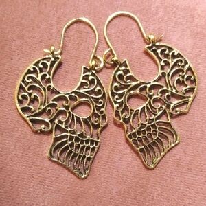 Gold Candy Skull Filigree Earrings Gothic Goth Skulls Day of the Dead Cutout New
